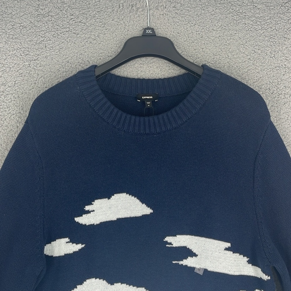Express blue crew neck long sleeve tree’s scene sweater mens medium pullover - Picture 3 of 13